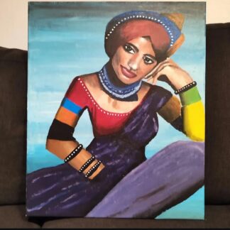 Femme pensive aux habits colorés acrylique sur toile